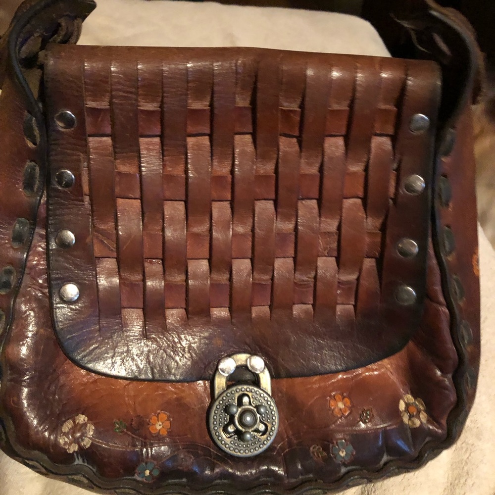RARE vintage stamped Mexico basket weave tooled leather shoulder hobo rare gem! - Picture 6 of 17